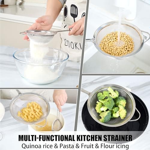 304 Stainless Steel Fine Mesh Strainer Set, 3 Sizes 12/14/18cm Kitchen Strainers, 40 Mesh Sieve for Rice, Pasta, Flour, Tea & Juicing, Rust-Resistant Food Strainer with Long Handle, Dishwasher Safe - Thumbnail 5