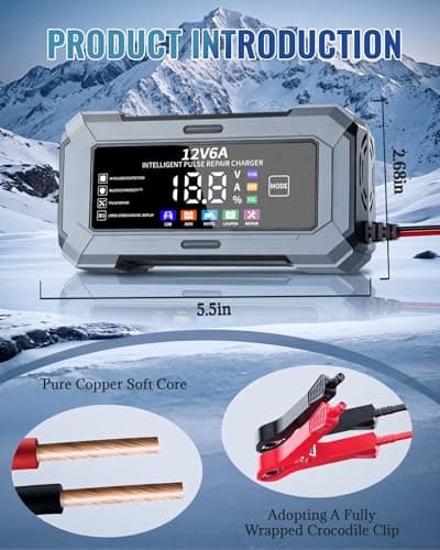 Car Battery Charger Automatic Trickle Charger and Battery Maintainer with Pulse Repair Digital Display Trickle Charger for Car Battery 12V6A Auto Battery Charger for AGM Motorcycle LiFePO4 Batteries - Thumbnail 3