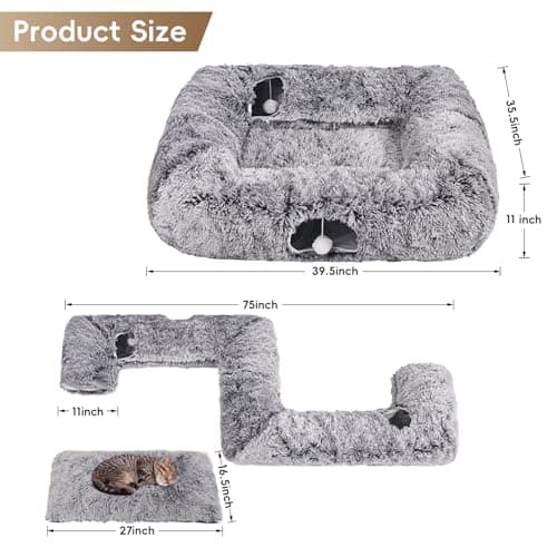 Extra Large Cat Tunnel Bed, 4 Ways Tunnels for Indoor Cats, Multi-cat Family Pet Bed & Cave, Plush Cat Donut with Washable Middle Mat, Exit Balls, Pet Play Toy for Kitten Puppy Rabbit, Dark Grey - Thumbnail 2