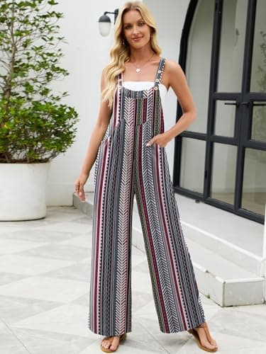 Heymoments Overalls Jumpsuits Rompers for Women Vertical Stripes X-Large Casual Maternity Winter Fall Comfy Ladies Loose Fit Wide Leg One Piece Sleeveless Grils Long Bib Baggy Pants with Pockets - Thumbnail 3