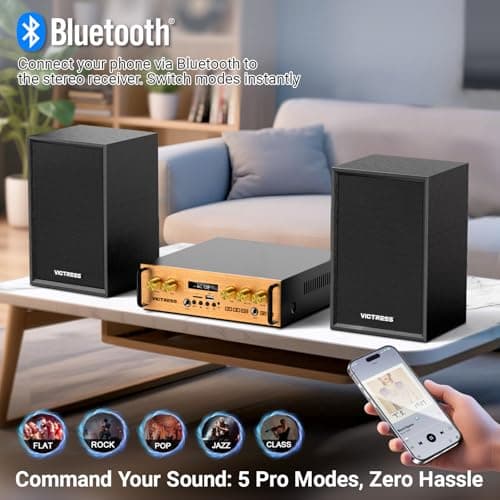 All-in-One 500W Power Amplifier for Home Audio, Bluetooth 5.0 with 2 HiFi Speaker&Wireless UHF Microphones, 2 Channel Stereo Amplifier Set for Home/Party/Music, USB/TF/AUX, Remote Control (Gold) - Thumbnail 6
