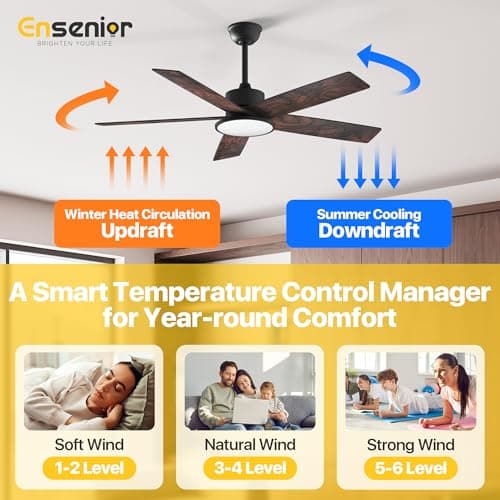 Ensenior 52 Inch Smart Ceiling Fans with Lights and Remote, Control via Alexa Google Voice App, 3000K-6000K Dimmable LED 6-Speed Reversible DC Motor Black Ceiling Fan for Bedroom Living Room, 5 Blades - Thumbnail 4