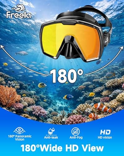 Freela Adult Dry Snorkel Set Scuba Diving Mask with Nose Cover for Men Women Youth, Safety Tempered Glass 180° Wide View, Anti Fog No Leak Mirrored Orange Len Snorkeling Gear for Swimming, Diving - Thumbnail 2