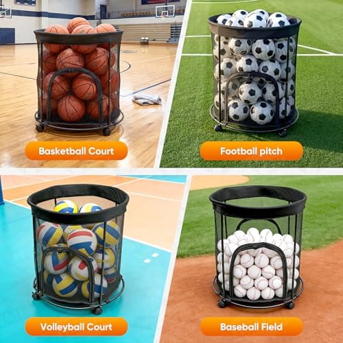 HENMI Upgraded Round Sports Ball Storage Cart - Rolling Ball Holder with Wheels for Basketball Storage & Outdoor Toy Storage, Metal Bin for Garage & School - Thumbnail 6