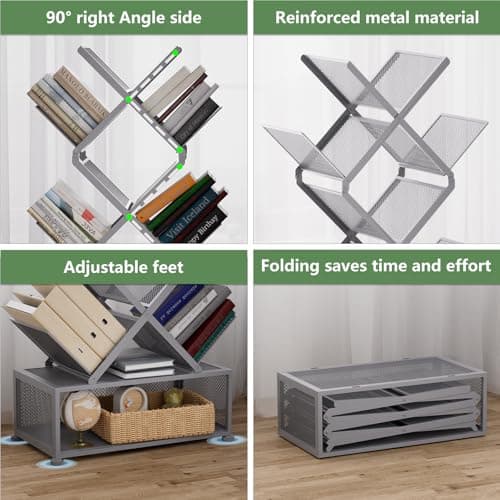 Gintan 9-Tier Modern Book Shelves with Storage, Bedroom Shelves Folding Bookshelves, No Installation Required Shelf Tree Bookcase for Living Room, Study, Home Office, Bed Room (Grey) - Thumbnail 4