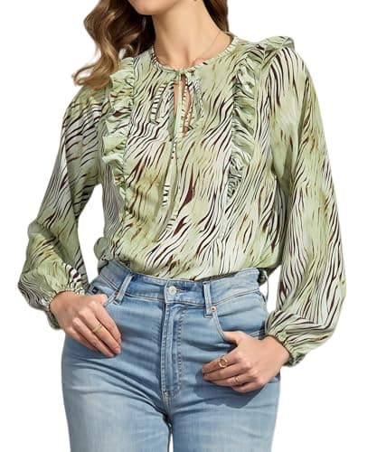 Women's Loose Puff Long Sleeve Tie V Neck Dressy Chiffon Shirt Blouse Ruffle Trim Pullover Western Olive Lime Green Zebra Print Lightweight Spring Summer Casual Vocation Ladies Tunic Top Outfits S