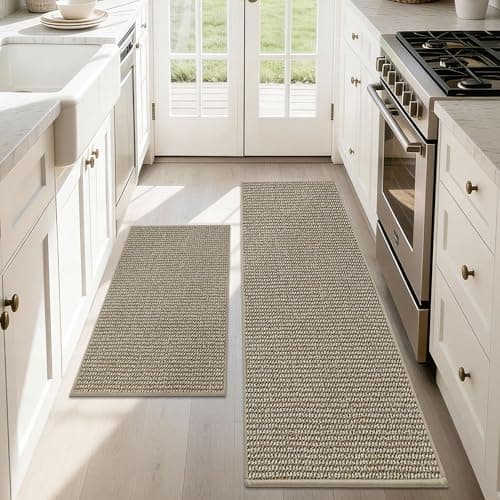 JSEI Kitchen Rugs and Mats, 2PCS Non-Slip Kitchen Mats for Floor, Machine Washable Absorbent and Stain Resistant Kitchen Runner, Carpet Mats with TPR Backing, 17''x30''+17''x48'', Beige