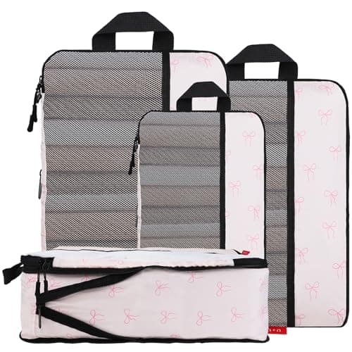 U+U 4 Set Compression Packing Cubes - Ultralight Travel Organizers, Space-Saving Suitcase Organizer, Expandable Packing Cubes for Travel, Business Trip and Family Vacation (Pink Bow) - Image 1