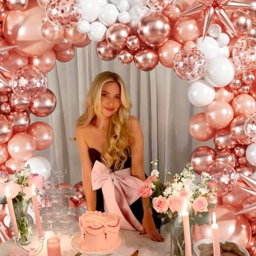 Rose Gold Balloon Garland Kit, 140Pcs Pearl Metallic Pink and White Confetti Balloons With Stars for Birthday Mothers Day Birdal Shower Wedding Graduation Party Decorations - Thumbnail 2