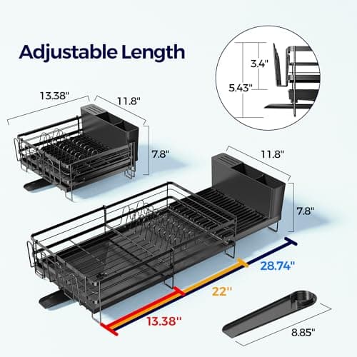 Pantasia Large Dish Drying Rack, Expandable Dish Rack for Kitchen Counter, Dish Drainer with Drainboard Set, Multifunctional Dishrack with Utensil & Cup Holder, 13.4"-28.7" L x 11.8" W x 7.8" H, Black - Thumbnail 6