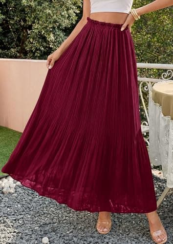 PRETTYGARDEN Pleated Midi Skirts for Women 2026 Flowy Summer Beach Vacation High Waisted Chiffon Boho A-Line Long Skirt(Wine Red,Small) - Thumbnail 6