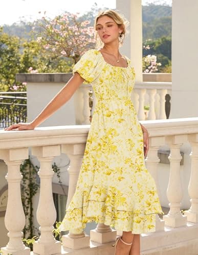 GRACE KARIN Womens Summer Floral Maxi Dress 2026 Flowy Wedding Guest Dress A Line Boho Dresses Fashion Clothing with Pockets Yellow Floral 2XL - Thumbnail 3