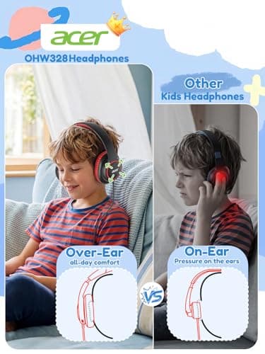acer Kids Headphones Wired for School - Over Ear Design, 85/94dB Safe Volume Limit, 3.5mm Jack Foldable Headphones for Toddler Boys Girls Classroom Yoto Player Chromebook Travel Black Red - Thumbnail 2