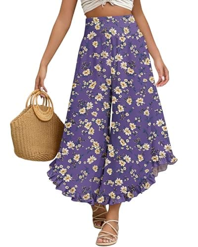 IEEILULU Wide Leg Pants for Women - Beach Pants for Women Flowy Floral Palazzo Pants High Waisted Pants Beach Vacation Outfits Purple Yellow Flower L - Thumbnail 4