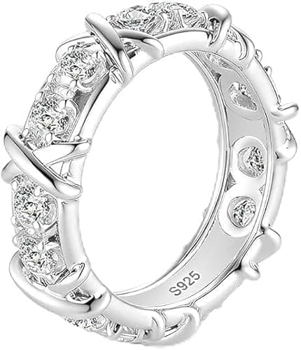 TOPROO Women Cross Ring, 14K Gold Plated 925 Sterling Silver, Stackable Rings Perfect for Everyday Wear - Eternity Promise Infinity Religious Wedding Band Jewelry for Her (X-shaped White Gold, 5) - Image 1
