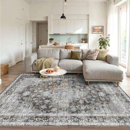 OHWPEAT 4x6 Area Rugs for Living Room, Bedroom, Small Washable Black Rugs, Entryway Non Slip Rug, Neutral Floral Vintage Boho Soft Indoor Carpet for Nursery, Bathroom, Office - Thumbnail 2