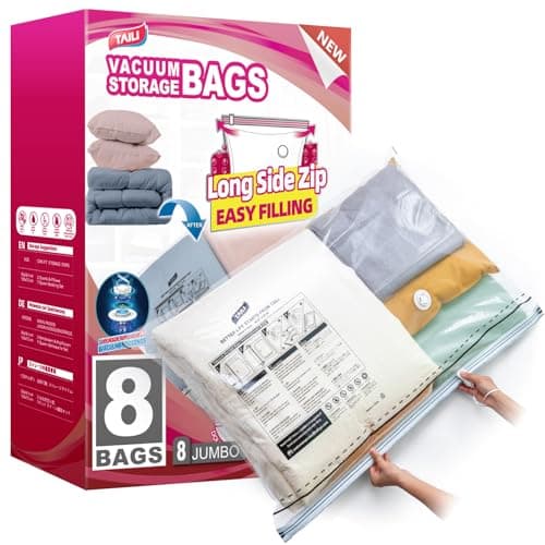 TAILI 8 Pack Vacuum Storage Bags, Jumbo Size 39x28 inch, LONG SIDE ZIP Vacuum Seal Bags for Beddings, Extra Large Storage Space Saver for Clothing, Comforters, Blankets, Pillows - Image 1