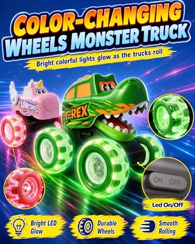 Cozycharm 3 Pack Monster Truck Toys for Toddlers, Light Up Animal Monster Trucks with Big Wheels, Friction Powered Toy Cars, Shark Dinosaur Unicorn Trucks for Boys and Girls Ages 18 Months and Up - Thumbnail 5