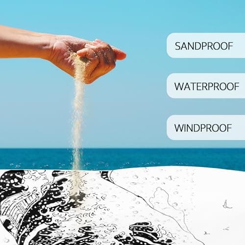 Beach Blanket, Large Sandproof & Waterproof Picnic Blankets, Quick Drying Sand Free Lightweight Beach Mat with 4 Stakes & Pockets for Outdoor Travel Camping Hiking Vacation Essentials - The Great Wave - Thumbnail 6