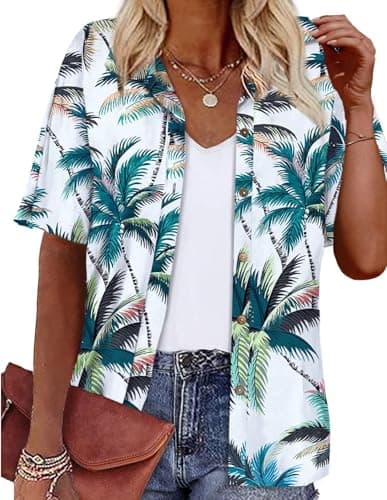 LILYCHIC Hawaiian Shirts for Women Summer Floral Tropical Print Short Sleeve Button Up Hawaii Luau Outfits White 3XL - Image 1