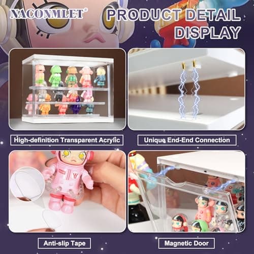 LED Acrylic Display Case for Collectibles, Cordless Power Stacking Showcase with 3-Tier Steps - Clear Dustproof Protector Box with Magnetic Door for Action Figures, Popmart, Funko pop - Thumbnail 4