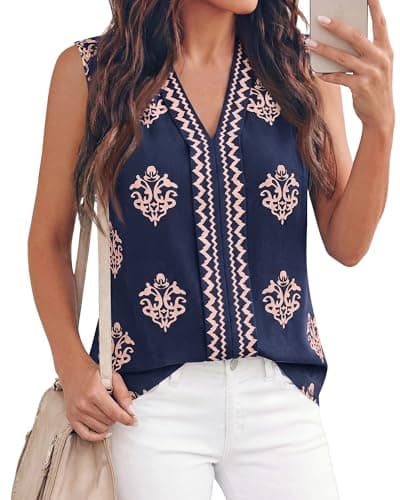 BTFBM Womens Tank Tops Floral Printed V Neck Sleeveless Spring 2026 Business Work Dressy Casual Shirts Chiffon Blouses(Navy Blue, X-Large) - Image 1