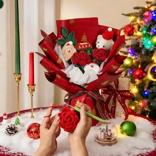 FLOLVISOU Christmas Flowers Artificial Crochet Flower Bouquet Knitted Flowers Red Green Handmade Bouquet Flowers Gifts for Lover Christmas Women Boys Girls Girlfriends - Thumbnail 2