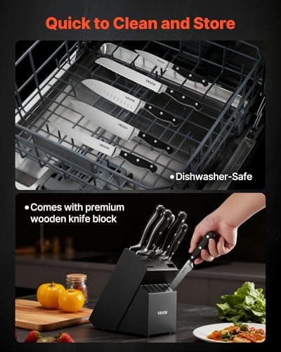 VEVOR Kitchen Knife Set with Block and Sharpener, 15 Piece High Carbon Stainless Steel Sharp Knife Set, Kitchen Cutlery with Crack-Resistant Handle, Sharpening Rod and Wooden Block, for Home Cooks - Thumbnail 6