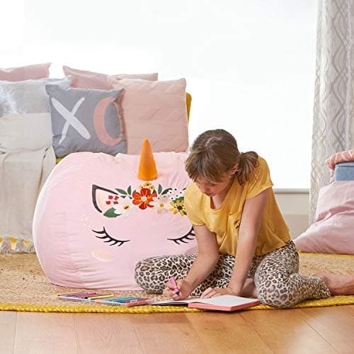 Aubliss Stuffed Animal Storage Bean Bag Chair Cover for Kids,X-Large Velvet Extra Soft Zipper Beanbag for Organizing Toddler and Kids' Rooms Plush Toys,Bean Bag Chair Cover Only,Unicorn Pink Floral - Thumbnail 6