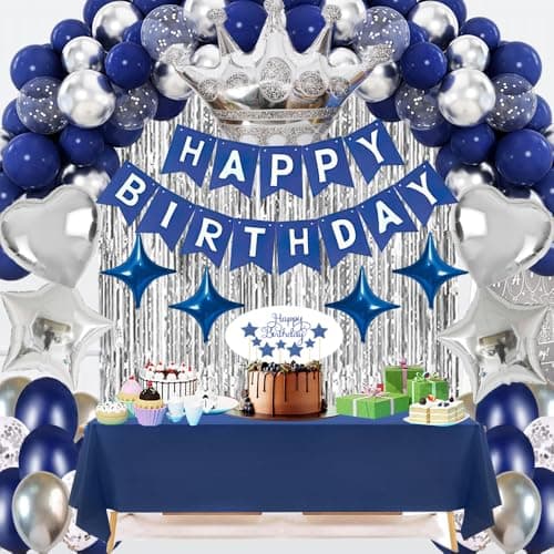Navy Blue Birthday Party Decorations Set – 92Pcs Set with Banner, Star Garland, Crown, Heart & Star Foil Balloons, Fringe Curtain, Cake Topper, Tablecloth, Latex & Confetti Balloons for Men & Women - Image 1