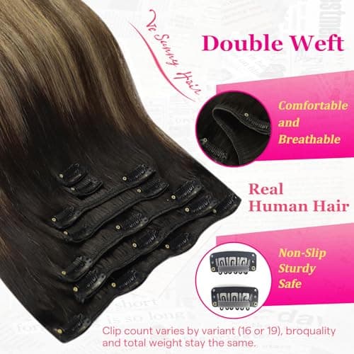Ve Sunny Clip in Hair Extensions Real Human Hair Black Ombre Clip in Human Hair Extensions Black with Brown Blonde Balayage Hair Extensions Clip ins Short Hair 12Inch 85g - Thumbnail 6