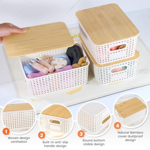 Ohmlove Plastic Storage Baskets With Bamboo Lid - Plastic Storage Containers Stackable Storage bins: Storage Baskets for Organizing Shelves Drawers Desktop Closet Playroom Classroom Office, 6 Pack - Thumbnail 3