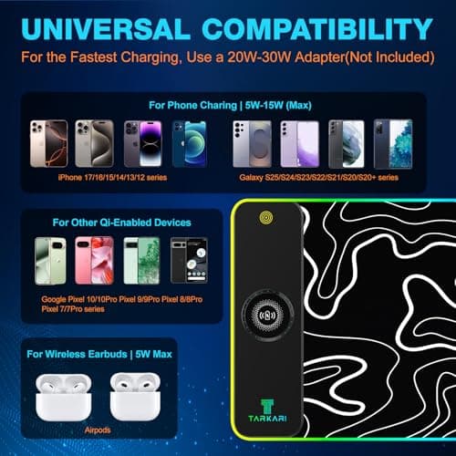 TARKARI Magnetic Wireless Charging RGB Mouse Pad, Large Gaming Desk Mat Waterproof, 31.5"x11.8" Black Mousepad, Ultra-Smooth Surface, Non-Slip Rubber Base, Desk Pad for Keyboard Laptop - Thumbnail 3