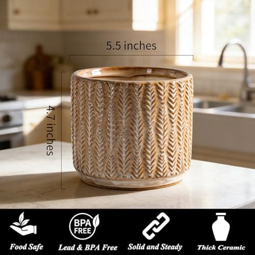 5.3-Inch Ceramic Utensil Crock Utensil Holder Countertop, Embossed Ceramic Storage Canister - with Non-Slip Cork Base, Rustic Farmhouse Multi-Purpose Desktop Organizer, Kitchen Decor(Wheat Brown) - Thumbnail 3