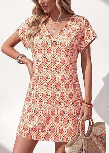 KIRUNDO Summer Dresses for Women 2026 Beach Sundress Spring Casual V Neck Boho Floral Vacation Outfits Cruise Resort Wear(Floral Apricot Red, Medium) - Thumbnail 5