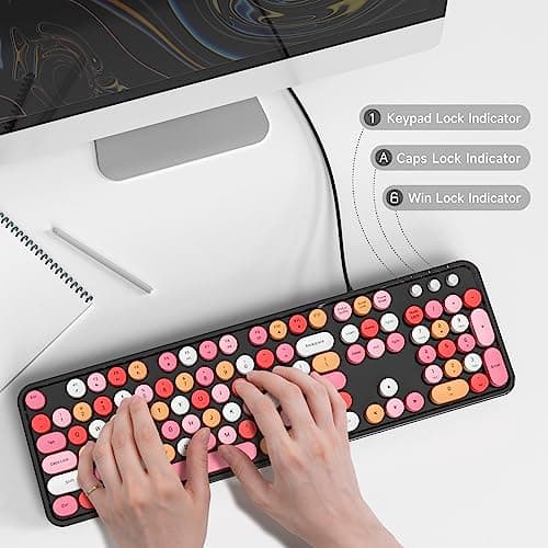 Atelus USB Wired Computer Keyboard - Retro Typewriter Keyboard - Full Size Office Keyboard with Number Pad, Caps Indicators, Foldable Stands, for PC Laptop Desktop Windows (Black Colorful) - Thumbnail 4