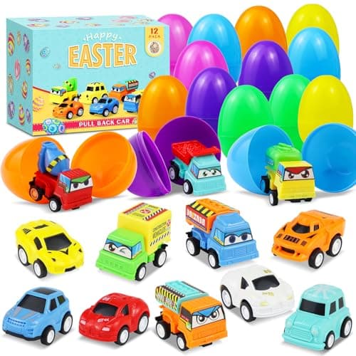 ISTOOLL 12PCS Pre Filled Easter Eggs Car Gifts for Kids with Pull-Back Cars Easter Basket Stuffers Easter Eggs Hunt Easter Party Favor Prize Classroom Rewards Toys for Boys Girls Teens