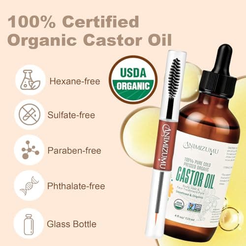 ANIMIZUMU Castor Oil 100% Pure Organic Cold-pressed Unrefined USDA Certified Organic Hexane-free Extra Virgin Used for Hair Growth Eyebrows Eyelashes Skin and Castor Oil Glass Bottles Pack (4fl oz) - Thumbnail 3