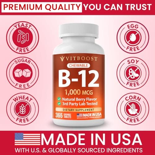 VITBOOST Vitamin B12 1000 mcg Chewable Tablets - 365 Count Natural Berry Flavor B-12 Vitamin for Energy & Nervous System Support - Non-GMO, Vegan Tablets - Made in USA - Thumbnail 3