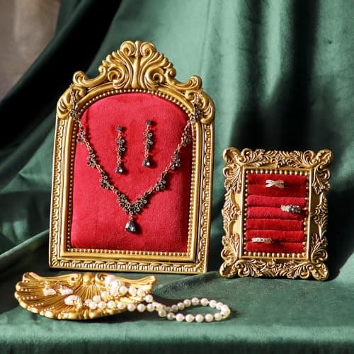 Aboacent 3-Piece Jewelry Display Stand, Velvet Necklace Display Set, Ring Holder Dish, Vintage, Earring Organizer, Baroque Trinket Storage Dish for Women Gifts, Necklace Jewelry Stand for Selling - Thumbnail 5