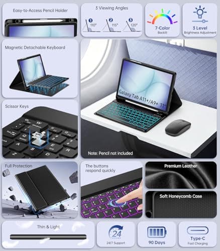 MoKo for Samsung Galaxy Tab A11 Plus/A9 Plus 11" Case with Keyboard & Mouse (2026/2023) - 7 Color Backlit Detachable Wireless Keyboard Cover with S Pen Holder for Galaxy Tablet A11+/A9+ Case, Black - Thumbnail 3