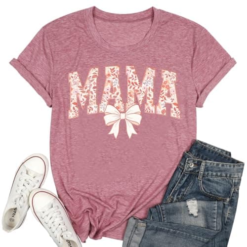 QIXYN Mama Shirts Bow Graphic Tee for Women Mom Shirt Vintage Casual Short Sleeve Trendy Mother Gift Tops for Mom - Image 1