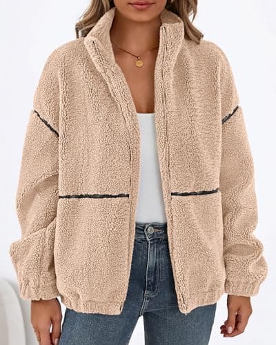 KIRUNDO Sherpa Jacket Women Fleece Oversized Zip Up Winter Coats Fall Jackets Faux Fur Warm Outwear 2026 Fashion Clothing(Beige, Small) - Thumbnail 3