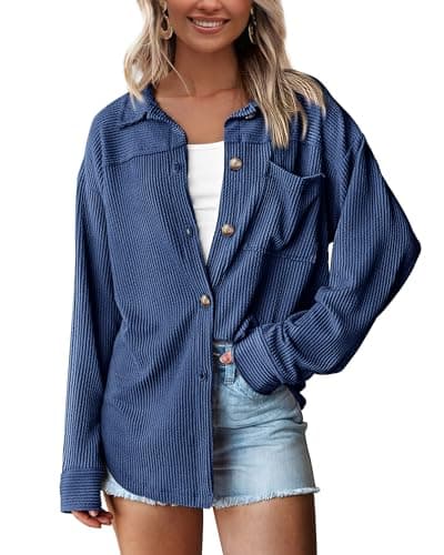 PRETTYGARDEN Women's Button Down Shirts 2026 Spring Long Sleeve Textured Tops Oversized Shacket Jacket Knit Blouses(Blue,XX-Large) - Image 1