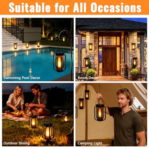 Solar Lantern Lights Outdoor, 2Pack Flickering Flame Light Hanging Solar Powered Lantern Lights Waterproof with Dual Charging (USB/Solar) & 2 Modes for Yard Patio Path Tree Garden Camping Decoration - Thumbnail 3