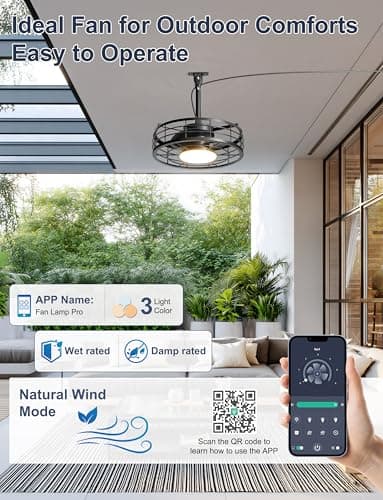 Phylluz Outdoor Ceiling Fan with Lights - 16'' Wet Rated Gazebo Fan Remote/APP Control, Caged Hanging Fan Plug and Play for Covered Patio Porch, Black - Thumbnail 3