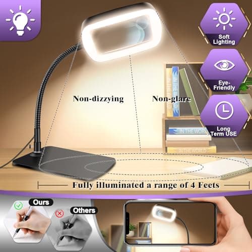 10X 30X Large Magnifying Glass with Light and Stand, 5-inch Lighted Magnifier, 72 LED 3 Color Modes Stepless Dimmable, Hands-Free Magnifying Glass Desk Lamp for Reading Craft Hobby Close Work - Thumbnail 4