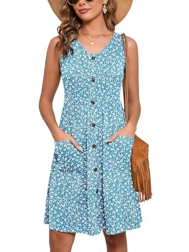 Heymoments Women Summer Dress Daisy Blue X-Large Sleeveless V Neck Casual Cute Loose Sundress Comfy Swing Button Down Midi Work Flowy Tunic Ladies Beach Vacation Teacher Dresses with Pockets - Image 1