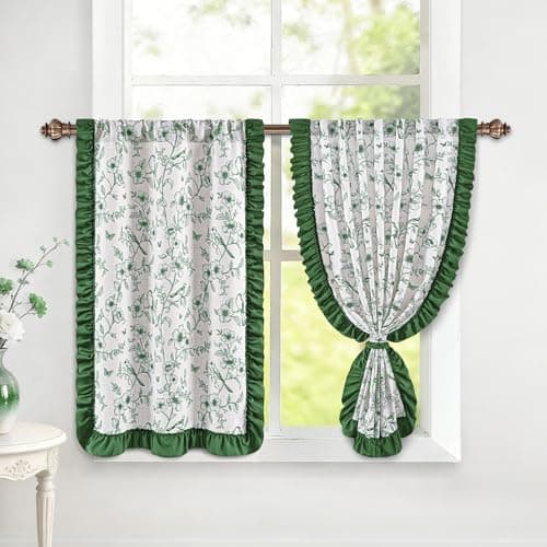 Yinhua Green Floral Kitchen Curtains 36 Inch with Ruffle and Tieback, Vintage French Linen Kitchen Window Curtains Over Sink, Light Filtering Rod Pocket Small Cafe Curtain, 26" W x 36" L, 2 Panels - Image 1