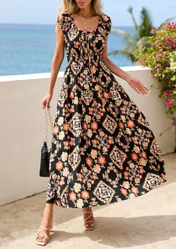 PRETTYGARDEN Boho Maxi Dresses for Women 2026 Summer Floral Wedding Guest Dress Resort Wear Spring Long Flowy Beach Sundress (Black Multicolored Floral,XX-Large) - Thumbnail 5